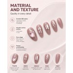Mauve Taupe Medium‑Long Almond Press‑On Nails, Luxury False Nails With Pink Rhinestones Pearls & Silver Foil